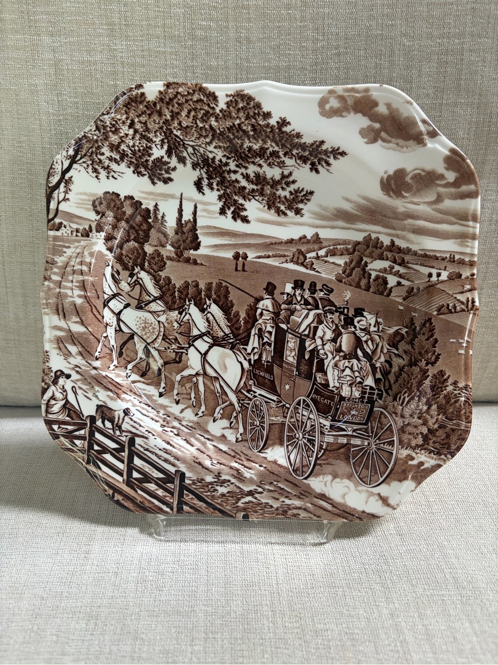 Johnson Brothers Stagecoach Brown Dinner Plate 9.5” Square